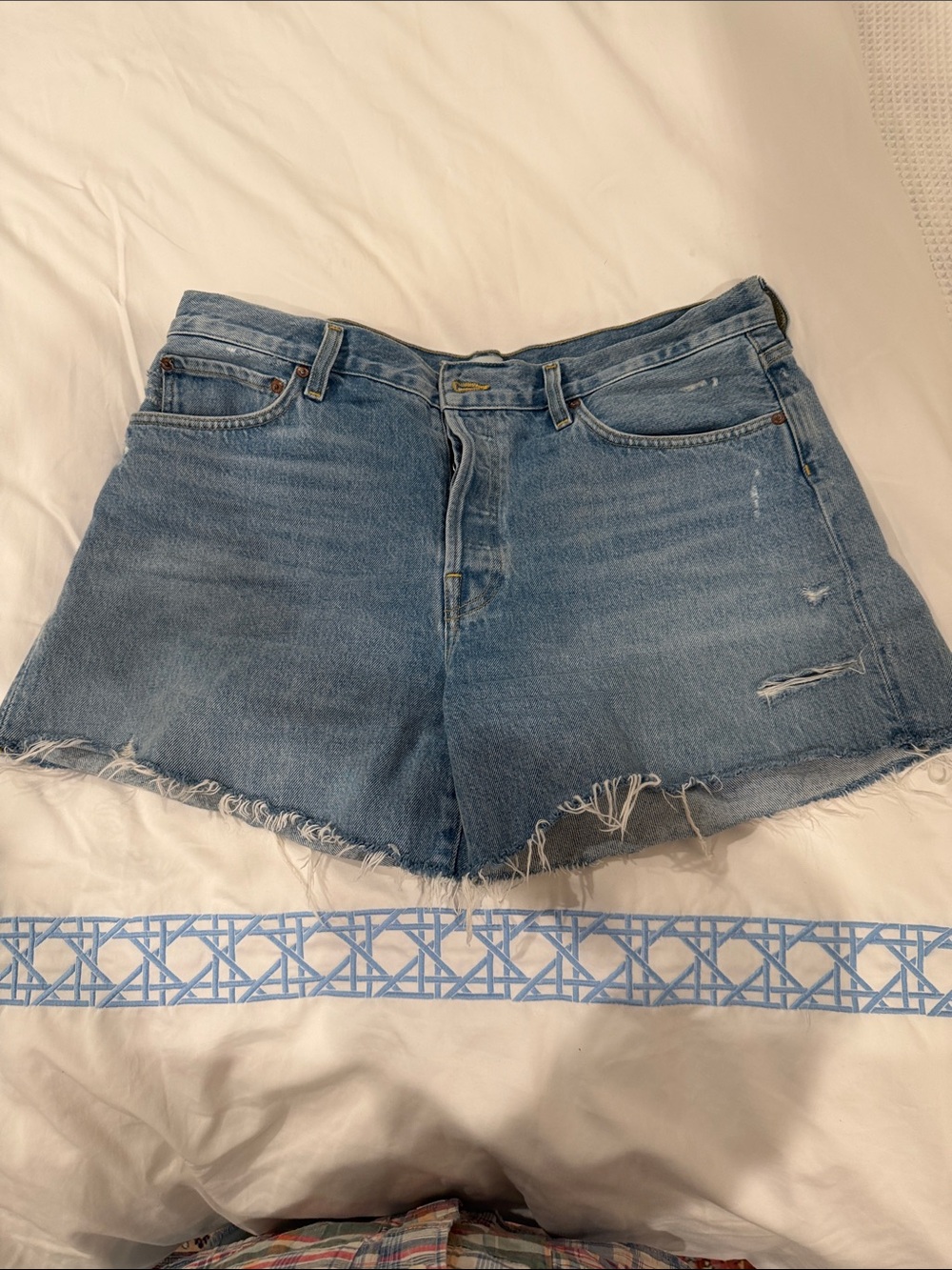 Agolde Light Blue Frayed Hem Parker long Denim Shorts 32